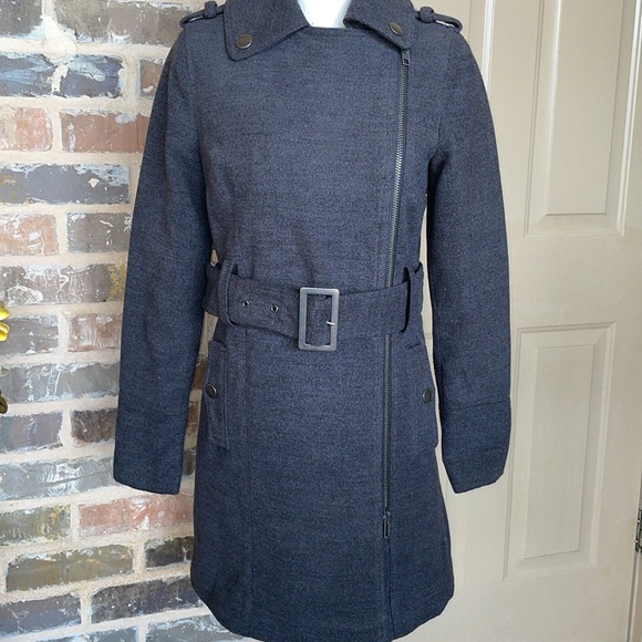Ellen Tracy Charcoal Military Trench Overcoat Side Full Zip Belted Pea Coat Sz M - Picture 5 of 12